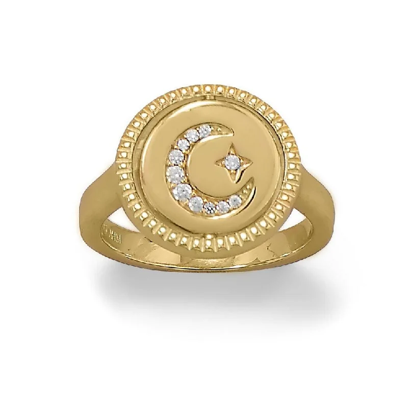 Women’s engraved rings-Curata 14k Gold Plated 925 Sterling Silver Reversible CZ Star and Moon Ring