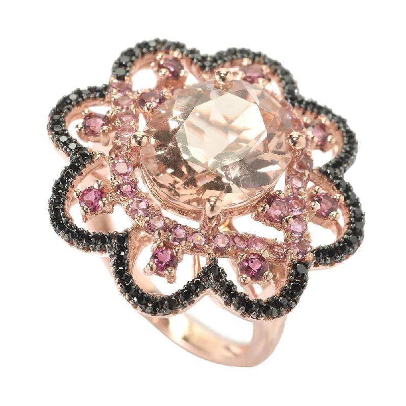 Women’s fashion statement rings-14k Rose Gold Morganite Pink Tourmaline and Black Spinel Ring